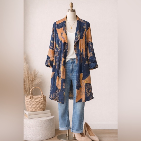 Babaton Sweaters - BABATON Anthro-like Duster Kimono Blazer Cardigan Trench Blue Orange sz XS